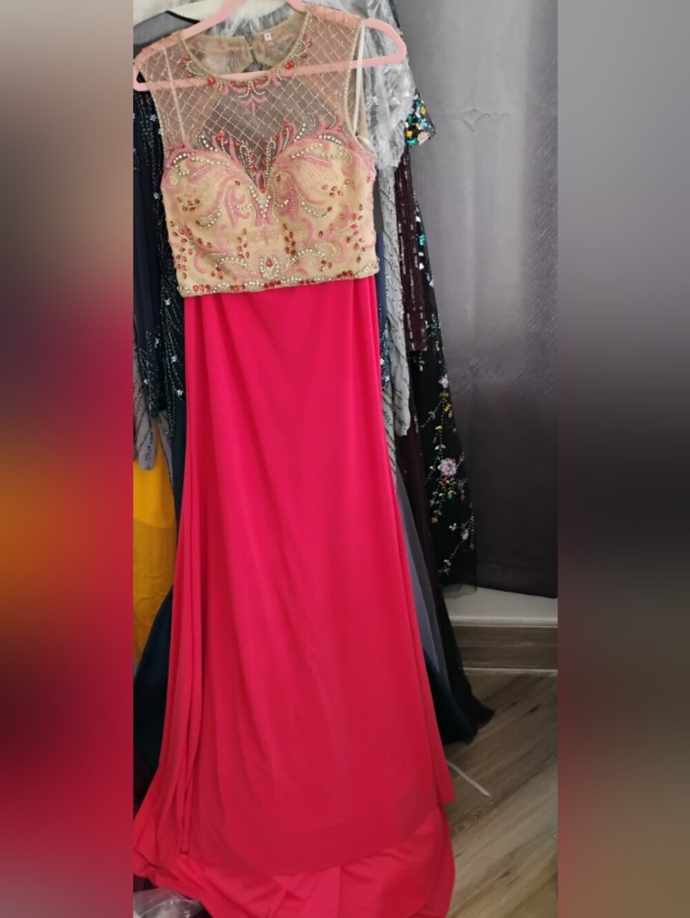Beaded Pink Evening Gown with Embellished Bodice